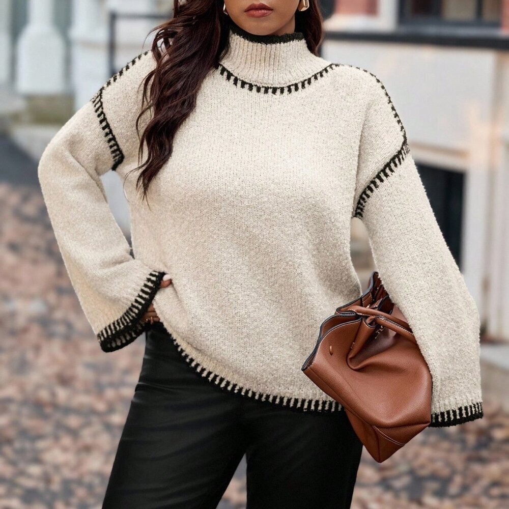 Khaki Casual Women's Plus Size Knitted Pullover Sweater - Picture 5 of 7